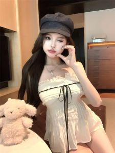 GUZILIAN | Retro American Butterfly Knot Tube Top Short Fashion Vest Slimming Design Summer New Style Korean Commute Style Pear Body Type