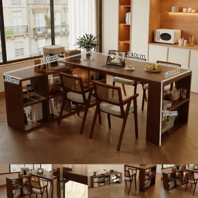 Walnut Brown Solid Wood Island Table Dining Table Living Room Integrated Bar Table Tea Table Multi-Function Retractable