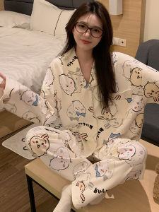 Chiikawa Pure Cotton Long Sleeve Sleepwear for Girls Spring Autumn Winter Cartoon Print Home Clothes High School Students Big Kids