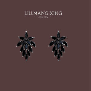 Elegant Silver Earrings Plant Floral Design Black Leaf Zircon Fresh Style round Face Slimming Pure Silver Forest System