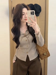 plus Size Womens Retro V-Neck Long Sleeve T-Shirt Belly Covering Slimming Top Inner Wear Base Shirt Korean Style Butterfly Knot