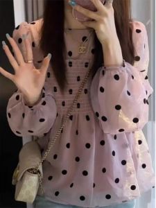Summer Fashion Polka Dot Bubble Sleeve Shirt Womens Chiffon Top Elegant Small Size Korean Style Commute Long Sleeve round Neck