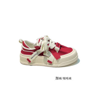 รองเท้าผ้าใบลำลองหนังแท้สีแดง ทรงหัวโต ทรงลำลอง สำหรับผู้หญิง ฤดูใบไม้ร่วง/ฤดูหนาว รองเท้าผ้าใบแบบสวม ส้นหนา รองเท้าสเก็ตบอร์ด