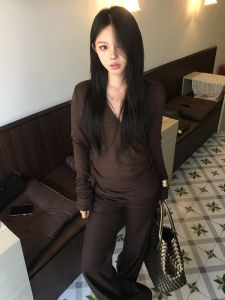 เสื้อยืดคอวีแขนยาวทรงเข้ารูปสไตล์ย้อนยุคสไตล์อเมริกันสำหรับผู้หญิง เสื้อเชิ้ตพื้นฐานบางๆ เสื้อเชิ้ตกระชับสัดส่วนสำหรับสาวๆ ฤดูใบไม้ร่วง 2025