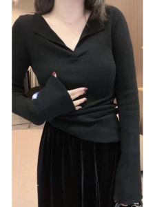 French Elegant Knitted Bell Sleeve Base Shirt plus Size Fashionable Open Split Top for Pear Shaped Women Autumn New Arrival