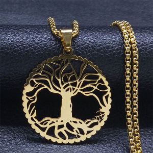 Fashion Tree of Life Round Necklace for Women Men Stainless Steel Gold Color Chain Necklaces Jewelry Arbre De Vie N3399S02