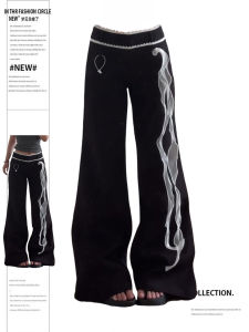 Quần Dài Thường Ngày Ren Cạp Thấp Màu Đen Cỡ Lớn Cho Nữ Mùa Hè 2025 Quần Dài Ống Rộng Phong Cách Đường Phố