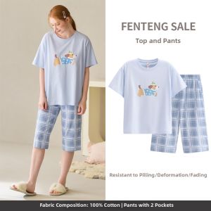 FENTENG | Cotton Short Sleeve 7/8 Length Pants Womens Loungewear Set