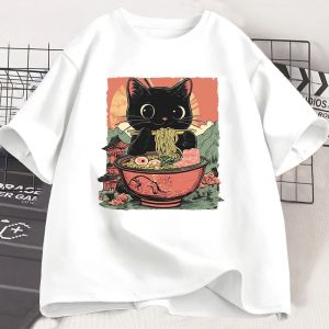 Cute Black Cat Eating Ramen Print T-shirt Womens Harajuku Short Sleeve Casual Womens T-shirt Clothing Tops Aesthetic Clothes