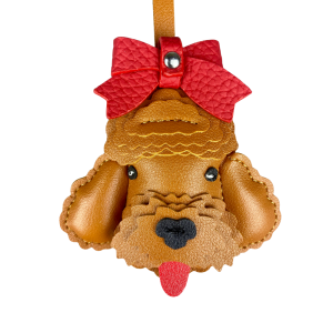 Handmade Leather Teddy Dog Bag Charm with Detachable Red Bow Tie - Cute 3D Puppy Charm for Bags-Gifts For Women/Kids-PU Leather