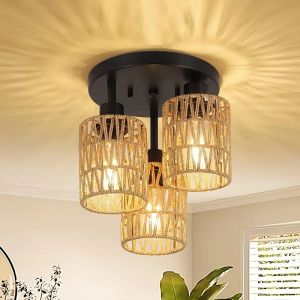JOYINLED Đèn Trần Mây Tre Đan Cổ Điển 3 Ngọn Lửa Phong Cách Boho Đèn Treo Mộc Mạc Cho Phòng Ngủ Ống Treo Dựng Sẵn Đế E27