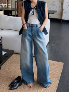 กางเกงยีนส์ขากว้างทรงหลวมสำหรับผู้หญิง กางเกงขายาวทรงตรงสีน้ำเงินอ่อน กางเกงยีนส์ทรงวินเทจแบบมีรอยขัดนิ่มสำหรับฤดูใบไม้ร่วงและฤดูหนาว