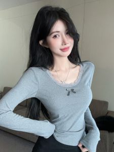 GUZILIAN | Pure Desire Womens Long Sleeve U-Neck Lace Trim Base Shirt Slimming Autumn Winter Top Korean Style Commute Fashion