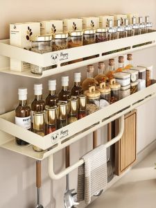 Wall-Mounted Kitchen Spice Rack Multi-Functional Home Storage Shelf Nordic Style Carbon Steel Material No-Drilling Required