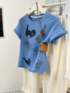 Blue Cartoon Animal Print Pure Cotton Short Sleeve T-Shirt Womens Summer Loose Top Shoulder Width Regular round Neck Design