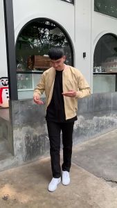 Bomber Jaket Pria Kanvas Casual Polos Basic Cream - Jaket Bomber Canvas Oslo Sueding Steigen Nyaman