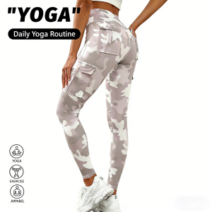 High Waisted Cargo Leggings for Women Camo Print Pocketed Butt Lifting Yoga Pants Stretchy Leggings for Gym Fitness Running