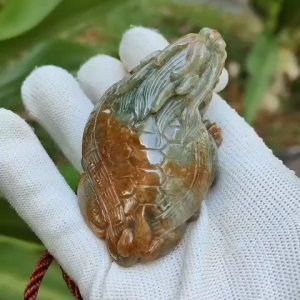 Natural Type A Jadeite Jade Dragon Turtle Handpiece Brownish Red & Blueish Green 76.6mm Fengshui Singapore (Sku: hand17)