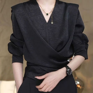 New OL Style Simple Elegance Cross Button Pure Color Womens Shirt Trendy Commute Versatile Top Fashionable Long Sleeve V-Neck