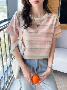 Áo Thun Tay Ngắn Sọc Mùa Hè Tươi Mới Màu Hồng Rộng Rãi Cỡ Lớn Thường Ngày Thời Trang Áo Thun Cotton Polyester Cổ Tròn