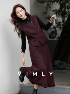 Vimly | Bộ Váy Xếp Ly Màu Đỏ Phong Cách Retro