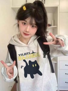 อเมริกันเรโทร โอเวอร์ไซส์ อินเทรนด์ เสื้อฮู้ด ผู้หญิง ฤดูใบไม้ผลิ ฤดูใบไม้ร่วง หมวกทรงสูงสไตล์ขี้เกียจหลวมบาง เสื้อแจ็คเก็ต สบาย ผ้าฝ้าย โพลีเอสเตอร์