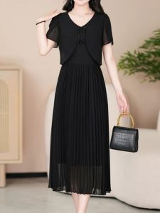 MAIMEI | Elegant Black A-Line Dress Womens Knee-Length Summer Slimming Anti-Aging Luxury Style Midi Skirt High Waist Chiffon Fabric