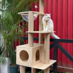 Wooden Cat Tree Tower Multi - level Design with Space Capsule Cat Condo Scratching Posts & Ladder for Active Cats