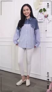 KEMEJA WANITA KATUN KOMBINASI DENIM OVERSIZE 9045