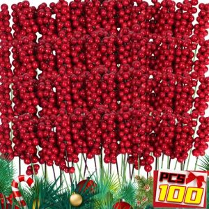 Dizoey 100PCS Artificial Red Christmas Berry Branches Flower Bouquet DIY Wreath Xmas Tree Wedding Party Home Decor Fake Holly Berries