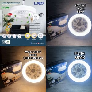 LUXCO LAMPU LED FAN LIGHT 30W 30 WATT E27 TRICOLOUR + KIPAS REMOTE SNI BAGUS BERKUALITAS TERBAIK