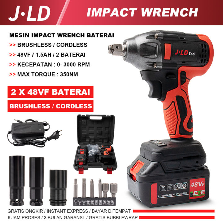 JLD 350N.M Impact Wrench 48Vf bor cas 2 baterai promo Brushless impact jld tool 48v original impact baterai pembuka baut mobil mesin bor baterai cordless impact driver set with koper kayu/tembok/CVT