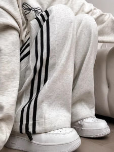 High Waist American Style Side Striped Loose Sports Pants Womens Spring Autumn White Grey Long Leggings Casual Trousers