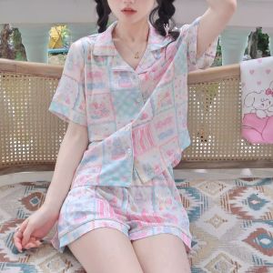 ชุดนอนผ้าไหมน้ำแข็งฤดูใบไม้ร่วงน่ารักและหวานสำหรับเด็กผู้หญิง ชุดนอนผ้าฝ้ายคอตตอนแขนยาว กางเกงขายาว ชุดนอนในบ้าน ชุดนอนผ้าฝ้ายคอตตอน