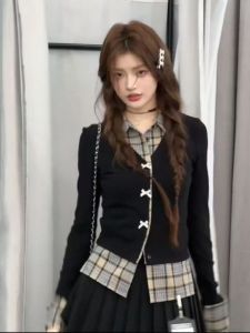 เสื้อคาร์ดิแกนถักลายสก็อตสไตล์เกาหลีสำหรับผู้หญิงไซส์ใหญ่ แขนยาว เอวเข้ารูป เสื้อเชิ้ตฤดูใบไม้ร่วง แขนยาว ทรงเข้ารูป