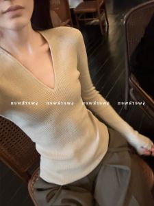 French Elegant V-neck Knitted Base Shirt Womens Spring Autumn Slimming Long Sleeve Inner Wear Layering Top Commute Style