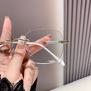 Kacamata Anti Radiasi Photochromic Modis Wanita Dengan Dekorasi Glitter Desain Tanpa Bingkai