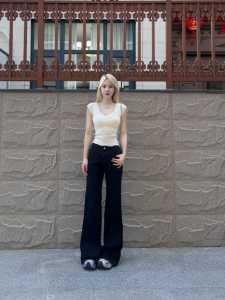 Quần Jeans Ống Rộng Ôm Dáng Ôm Dáng Cạp Cao Cho Nữ Quần Jeans Denim Dài Ống Loe Đen Mùa Hè Mới Quần Dài Dài Đến Sàn