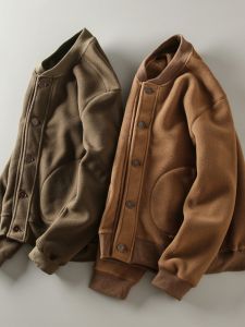 เสื้อแจ็กเก็ตให้ความอบอุ่นปกเบสบอลแมตช์ง่ายแฟชั่นสำหรับสุภาพบุรุษผ้าฟลีซสองด้านลำลองวินเทจสไตล์อเมริกันแบบใหม่ฤดูใบไม้ร่วงและฤดูหนาว