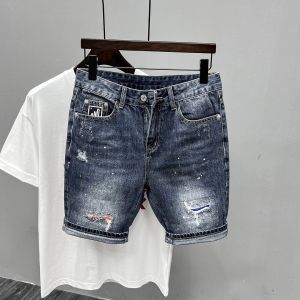 Summer Mens Slim Fit Straight Leg Denim Shorts Patchwork Repair High Street Versatile Five-Quarter Length Youth Fashion Jeans
