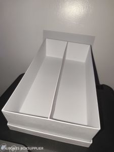 Black rectangular wine box with division 12.5x7x3.3 inches for stationery packaging and gift cards.