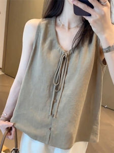 Shalldoer | Áo sơ mi không tay cổ chữ V dáng rộng thời trang mùa hè cho nữ Áo vest không tay thắt lưng đa năng thoải mái thường ngày