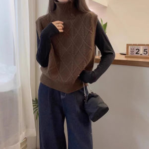 Soft Glutinous Cashmere Button Turtleneck Pullover Vest Womens European Station Autumn Winter Pure Color Jacquard Plaid Knitting Vest