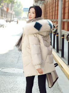 Womens Fashionable White Duck down Jacket Hooded Mid-Length Winter Coat Korean Style Commute Polyester Zipper Long Sleeve