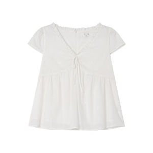 NIHAOKANONG | Áo Blouse Dễ Thương Tay Ngắn V-Neck Thêu Ren Trắng