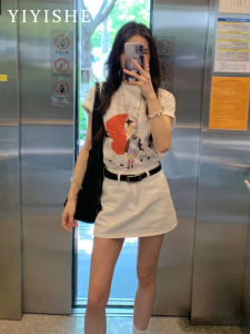 Váy Ngắn Chữ a Cạp Cao Màu Trắng Cho Nữ Dáng Rộng Thoải Mái Váy Ngắn Mùa Hè 2025 Chất Liệu Vải Denim Phong Cách Thường Ngày