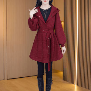 Trench Coat Outwear Women 2024 Autumn New Arrival Loose Western Style Slim Looking Mid Length Long Length Hoodie Cinched Fashion Temperament Coat