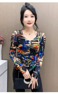 B10 New cross V-neck western-style long sleeved T-shirt top for women