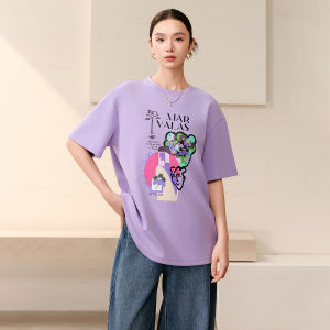 เสื้อยืดทรงหลวมแขนสั้นคอกลมพิมพ์ลายสีบล็อกแขนสั้นทรงหลวมสำหรับผู้หญิงในฤดูใบไม้ร่วงปี 2025 ทรงหลวม แขนสั้น คอกลม ทรงหลวม