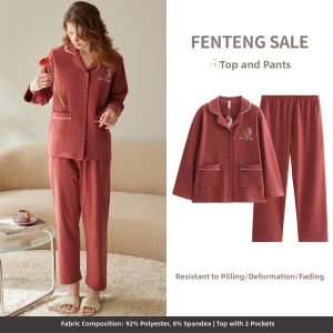 FENTENG | Spring Autumn Muslin Velvet Long Sleeve Cardigan Pajamas Set Plus Size Wearable Outdoors